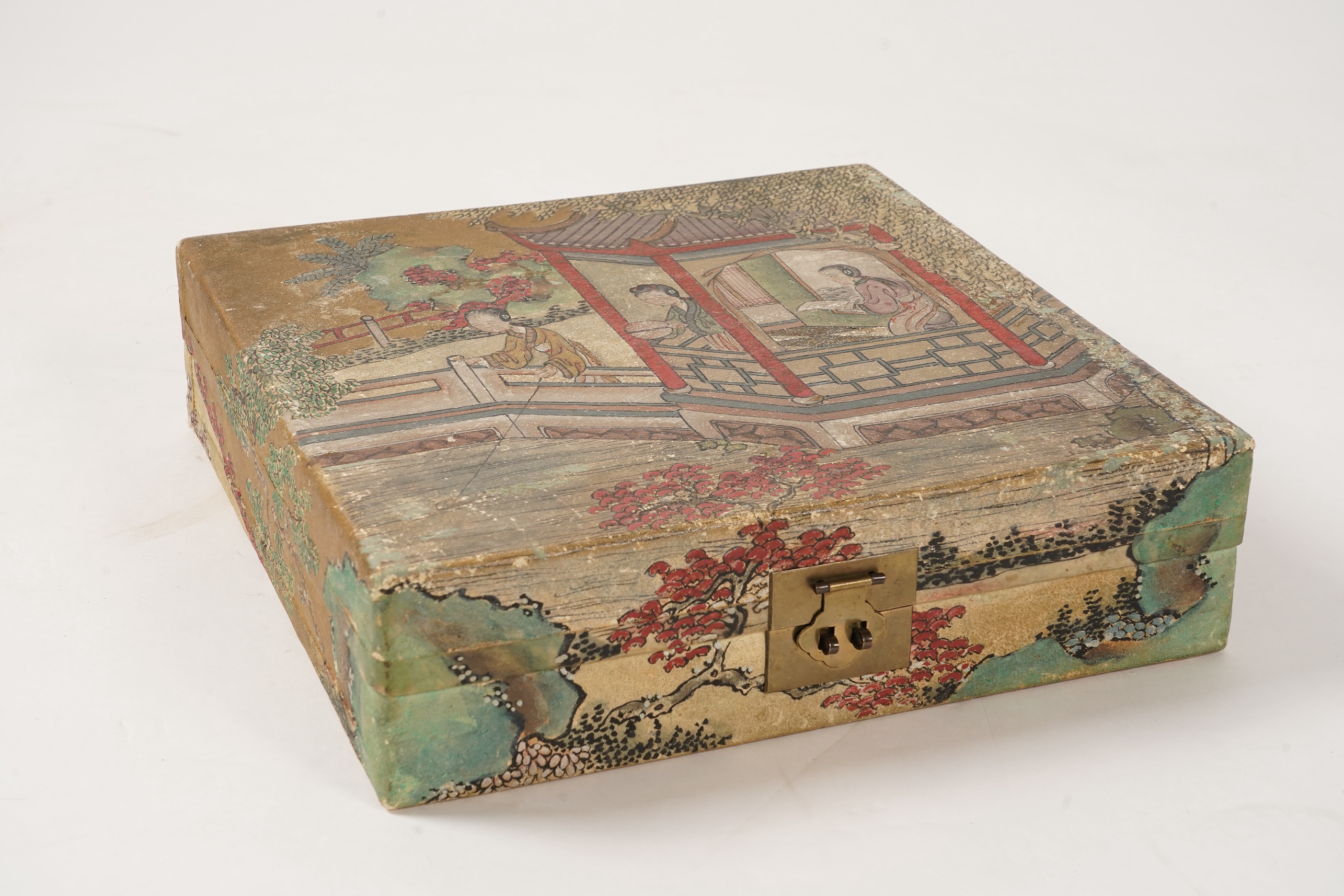 A collection of 19th/20th century Chinese embroidered silk spectacle cases and various spectacles, Box 33cm square